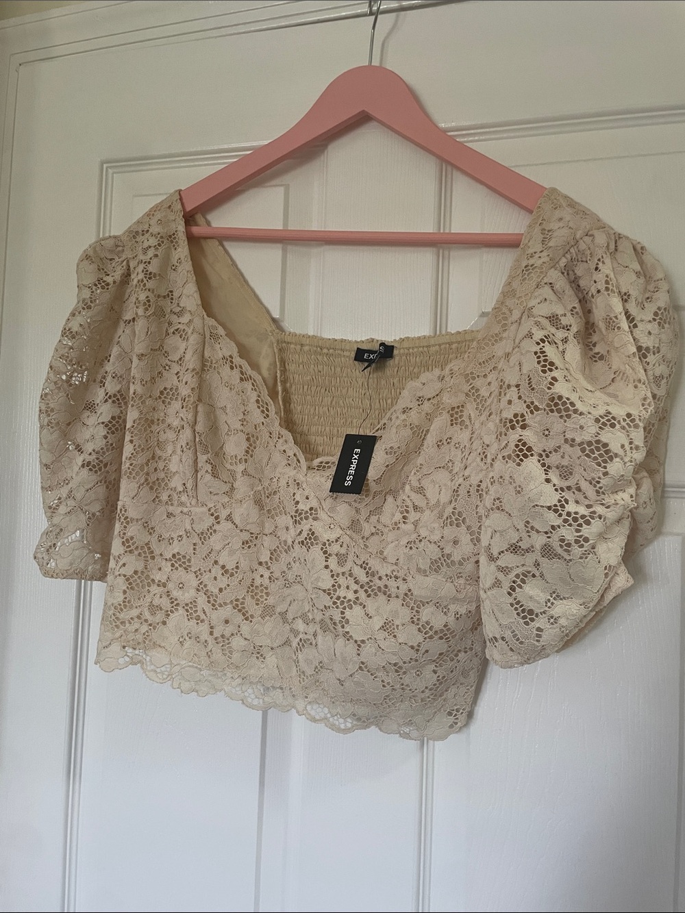Express Lace Puff Sleeve Crop Top in Cream